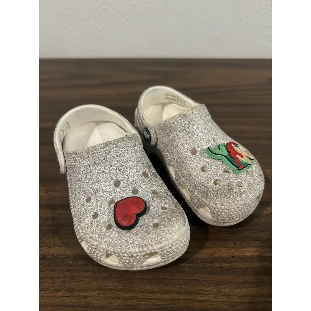 Crocs Classic Glitter Clogs Toddler Girls 8 Sparkle White Silver 206992 Charms